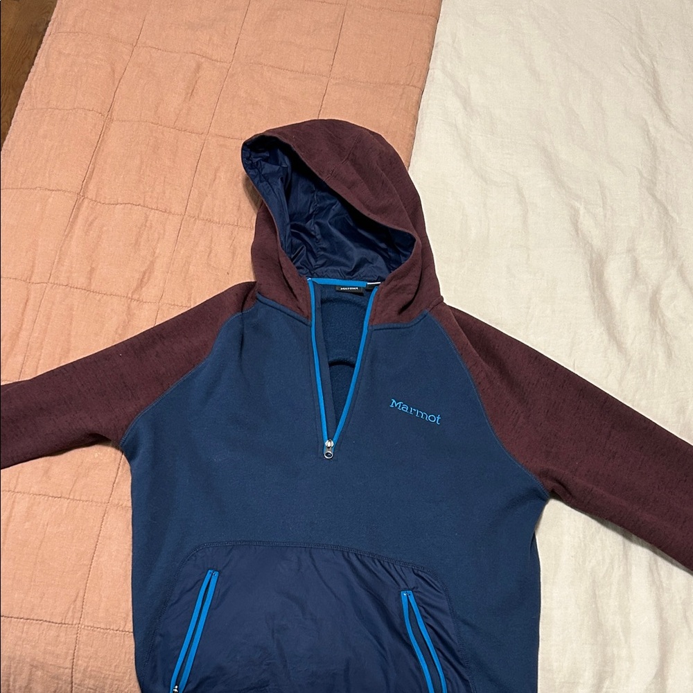 Marmot Maroon and Navy Hoodie with Blue Details